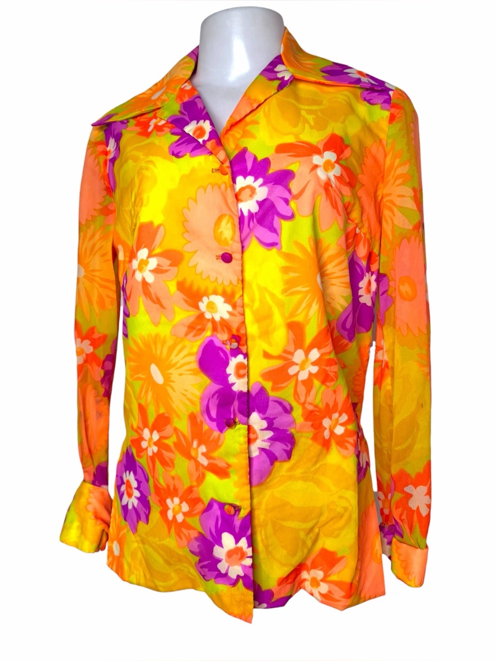 VTG 60s 70s Psychedelic Floral Blouse Neon Mod Flower Power Sheer Sleeve Top S/M